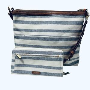 Fossil Blue and Brown Striped Crossbody Bag